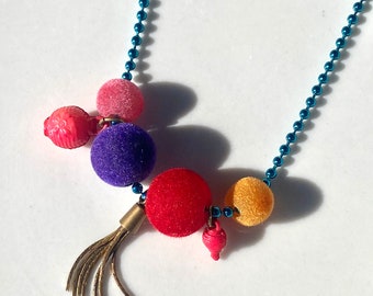 New Ball Chain Necklace, Vintage Charms, Tassel, Fuzzy Beads