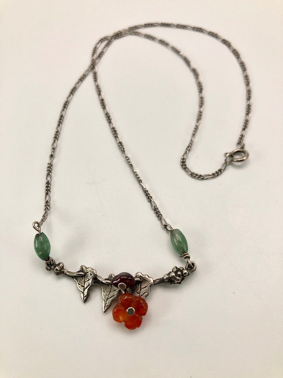 Handmade Sterling Necklace, Jade/Cornelian Flower… - image 3