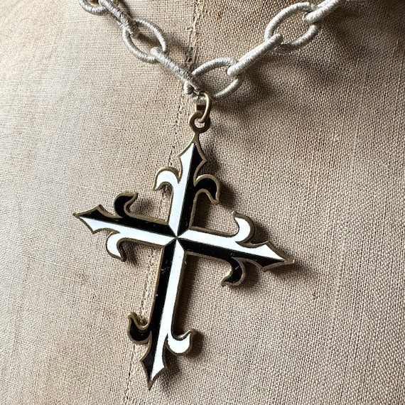 Antique French Enamel Cross Metallic Chain Gothic… - image 1