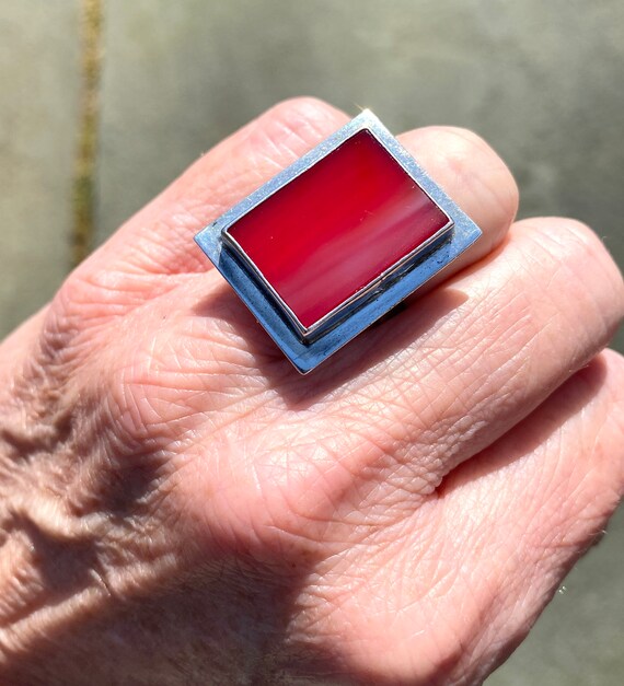 Sterling Silver Rectangular red Agate Ring, Modern - image 3