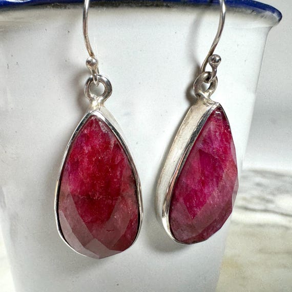 Large Ruby Sterling Silver Drop Earrings Dangle W… - image 1