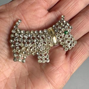 Vintage Scottie Dog Brooch, Rhinestones, Green Paste