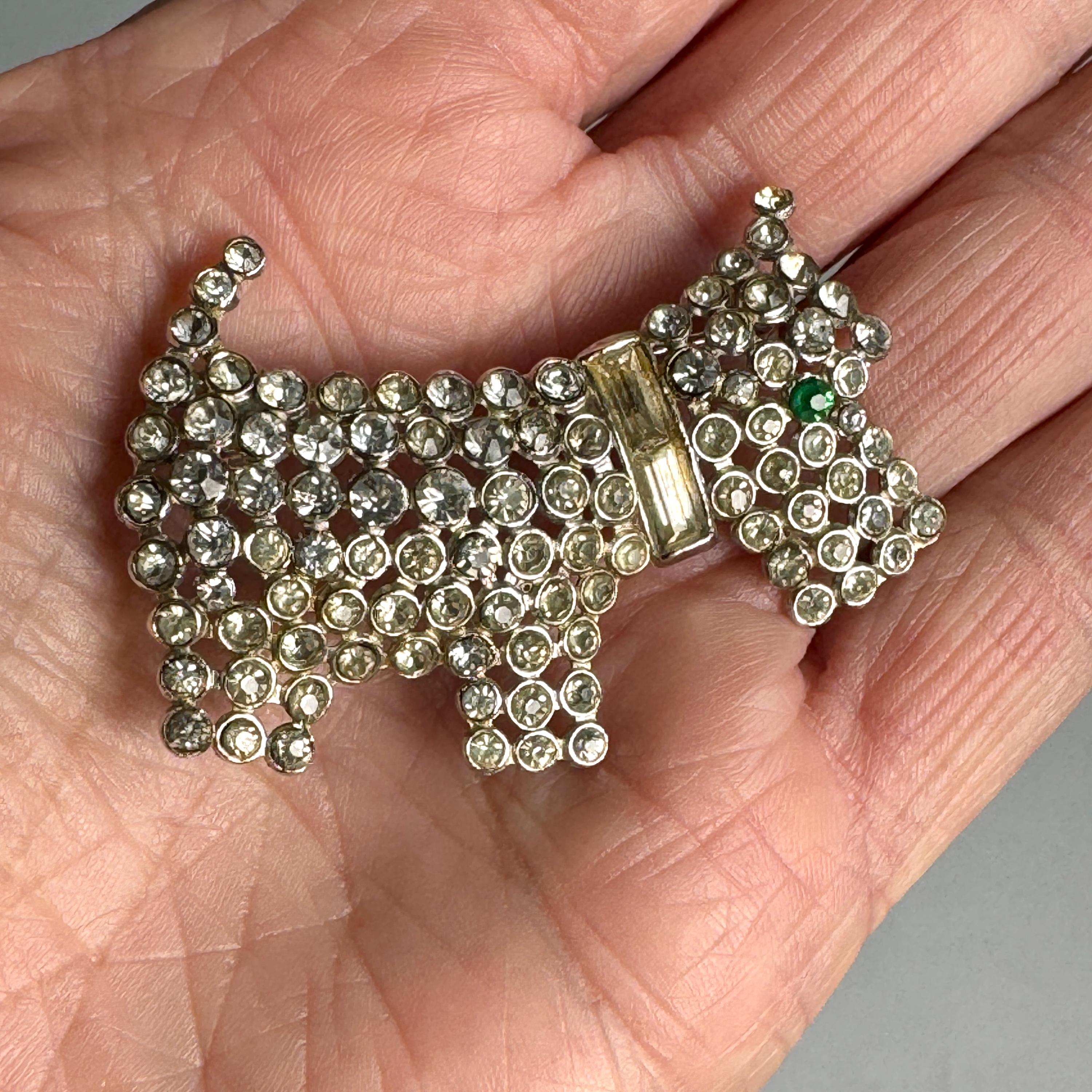 Vintage Scottie Dog Brooch, Rhinestones, Green Paste