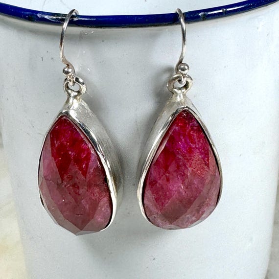 Large Ruby Sterling Silver Drop Earrings Dangle W… - image 2