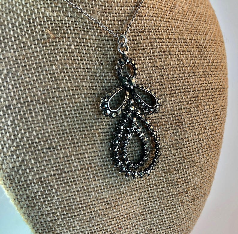 Sterling, 2 part Dangle Marcasite Pendant Necklace with 24 Sterling Chain image 7