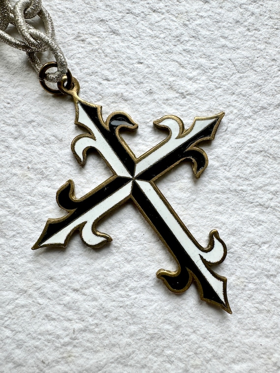 Antique French Enamel Cross Metallic Chain Gothic… - image 6