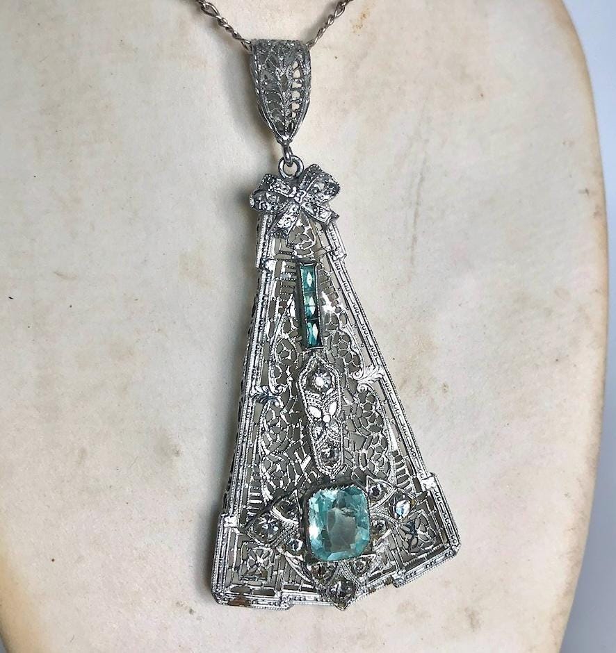 Antique Deco Aquamarine Pendant Necklace Paste Diamonds Filigree Large Sterling Chain Stunning Rare