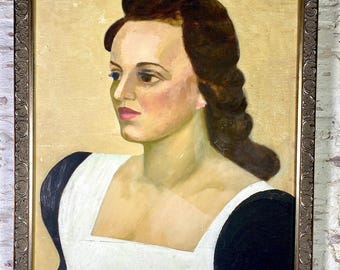 May include: A framed oil painting of a woman with dark hair, wearing a white and black dress. The painting is signed "Hein" in the lower right corner.