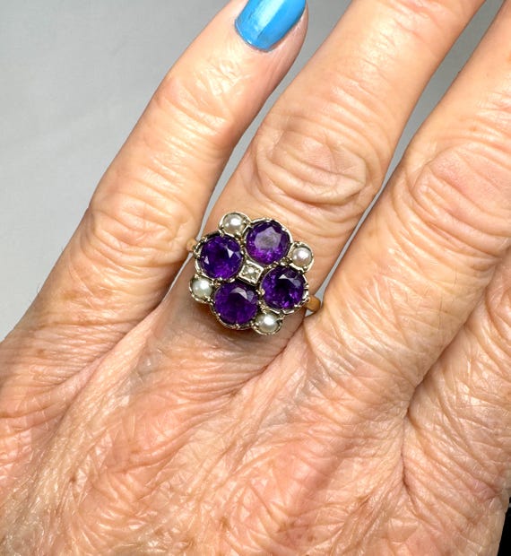 Bague Cocktail Victorienne En Or 14K - Améthyste Et Perles - Taille US 5 - Occasion Vintage
