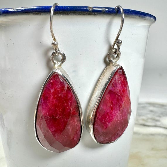 Large Ruby Sterling Silver Drop Earrings Dangle W… - image 3