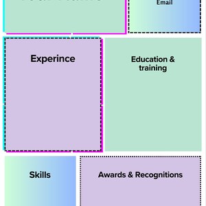 Może przedstawiać: Szablon CV z sekcjami dla "Your Name", "Experience", "Education & training", "Skills", "Awards & Recognitions", "Phone number" i "Email". Tekst jest czarny, z jasną zielenią, fioletem i niebieskim schematem kolorów.