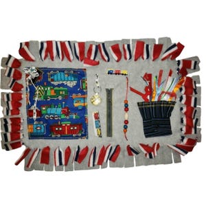 Handmade Fleece fidget sensory mat Dementia TRAINS theme