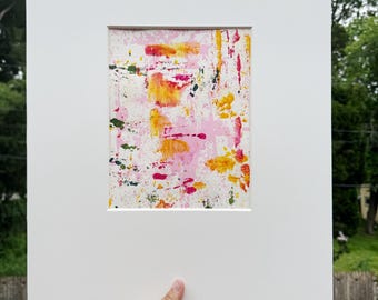 Pintura abstracta de primavera 8x10 – Arte salpicado en rosa, amarillo y verde