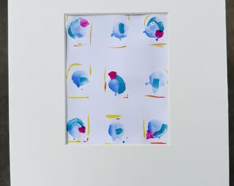 Pájaros de primavera, 8x10 – Pintura en acuarela azul, rosa y amarilla