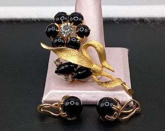 Vintage CINER Earrings & Floral Brooch: Black Glass, Goldtone Jewelry Set