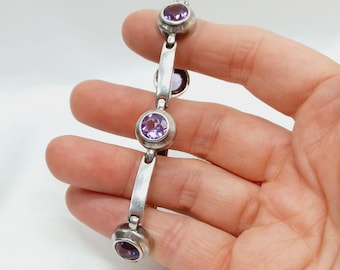 Vtg BOMA Sterling Silver 925 Natural Amethyst Link Bracelet