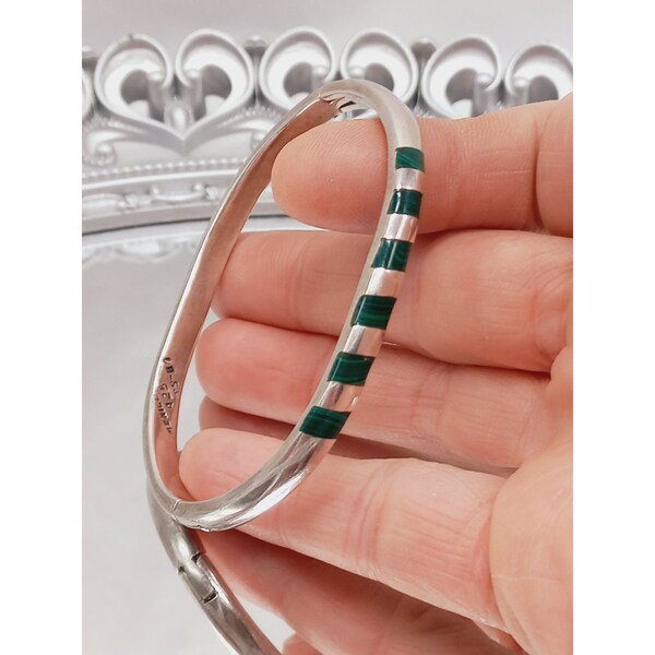 Vintage Sterling Silver Malachite Hinged Bangle Taxco Mexico 925