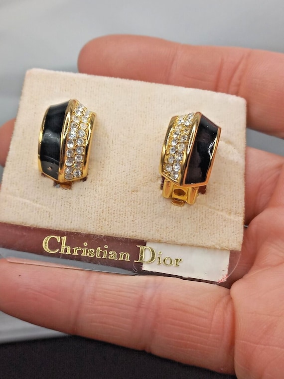 Christian Dior NEW Earrings Black Enamel/Crystal C