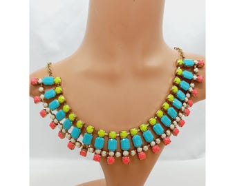 Summer Neon Bib Necklace: Yellow, Blue, White, Orange Gold Tone 24"