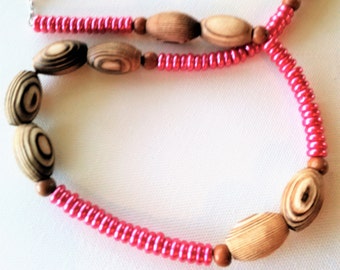 Long, Bright Pink Rondelle Beaded Necklace