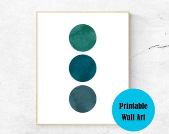 Teal Circles Watercolor Abstract Printable Wall Art, Printable Mid-Century Modern Art, Blue Green Abstract Painting, Minimalist Home Decor