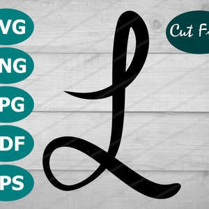 Arquivo de corte SVG de letra cursiva L, PNG para Cricut, vetor de silhueta de letra L, design de clip art L, design de arquivo de sublimação de letra L