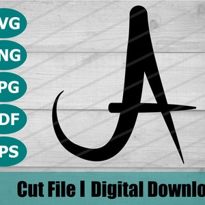Lockig kursiver Buchstabe A SVG Schnittdatei, PNG für Cricut, Buchstabe A Silhouette Handlettering Vektor, Swirly A Clip Art Design, eine Sublimationsdatei