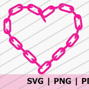 Puede incluir: Un diseño de corazón de eslabones de cadena rosa brillante sobre un fondo de cuadrícula blanca y gris. La parte inferior de la imagen tiene el texto "SVG | PNG | PDF" en negro.
