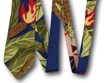 Vtg KAMEHAMEHA 100% Rayon Tie Hawaii Tiki Torch 57 x 3.75" / 145 x 9.5cm