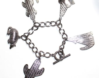 JONETTE JJ Southwest Charm Bracelet 1988 Coyote Saguaro Cactus Armadillo Gecko Hummingbird
