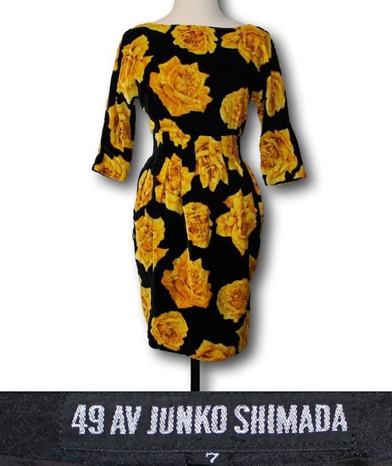 JUNKO SHIMADA 49 AV Floral Velvet Wiggle Dress Yellow Roses