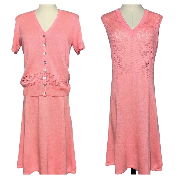 ST JOHN KNITS 1970s Dress & Cardigan Set Short Sleeve Salmon W/ Checkerboard Mesh Pattern - Etsy ST JOHN KNITS 1970s Dress & Cardigan Set Short Sleeve Salmon W/ Checkerboard Mesh Pattern - Etsy