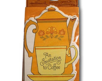 HALLMARK Vintage 1970s 1980s Invitation to Coffee 8 Invitations w/ Envelopes Floral Pkg of 8 NOS Folded 3.5 x 5"