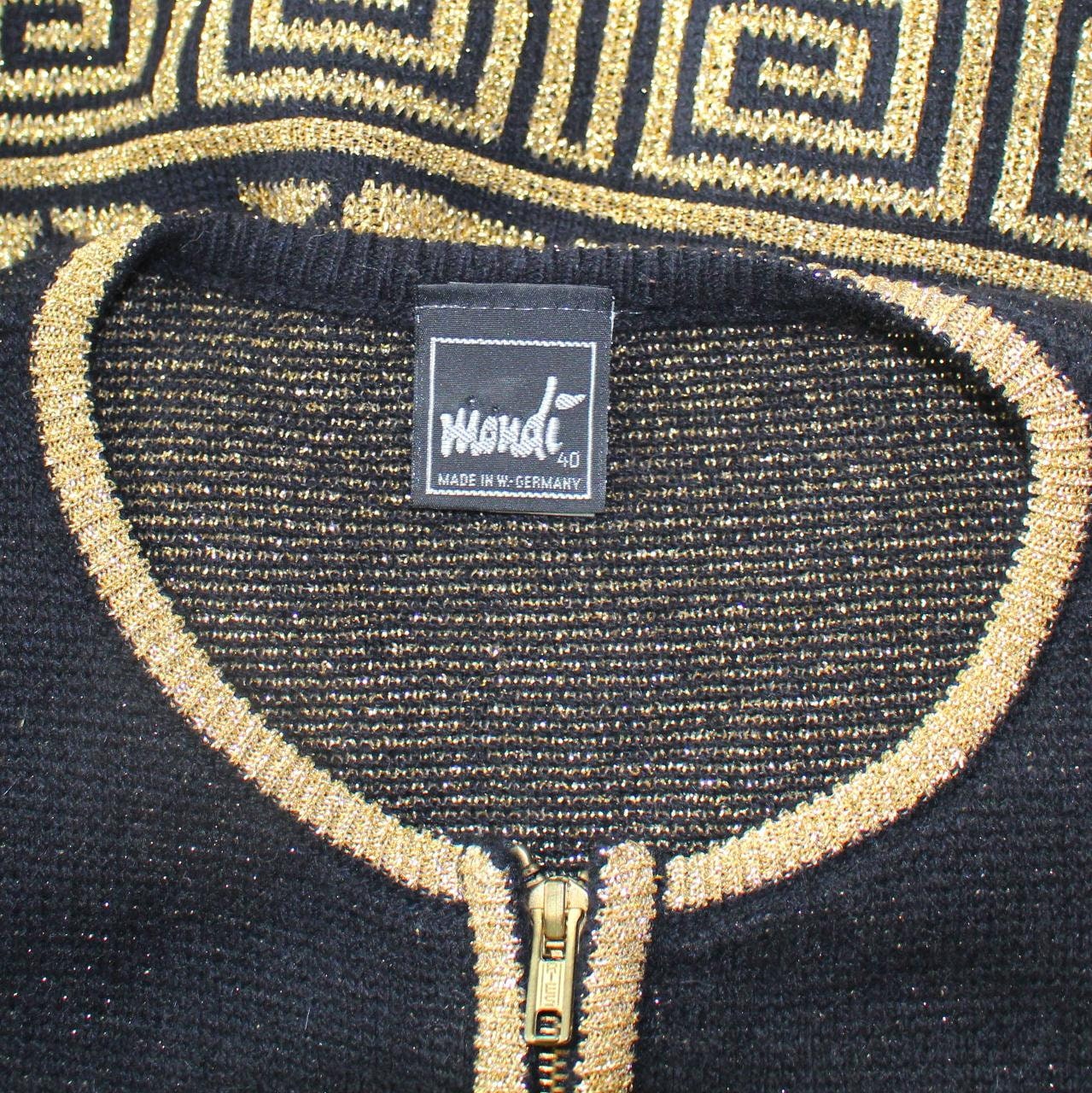 MONDI 1980s Black Gold Metallic Cardigan Sweater ROMA Zip Front Sz 40