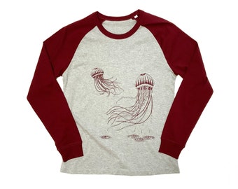 COLOUR WOODPECHT Organic Longsleeve S red grey unisex vegan JELLYFISH