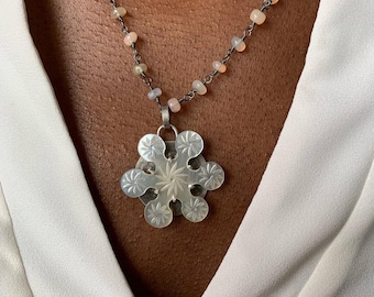 Mother of pearl flower pendant necklace - feminine statement necklace with an opal bead chain - spring jewelry - womens boho floral