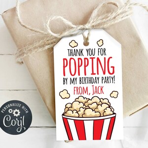 Popcorn Party Favor Tag, Gracias por POPPING By My Birthday Party, Movie Theater Move Night Birthday Party, Diversión, Descarga instantánea, Corjl