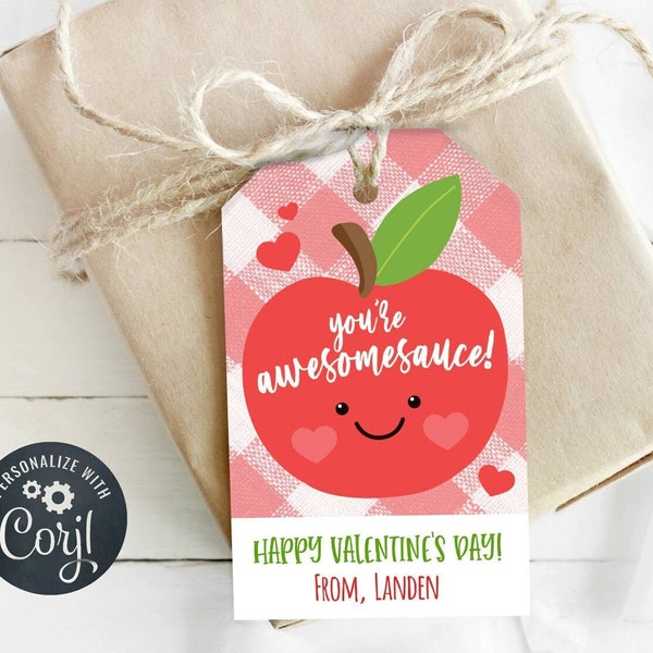 Valentine's Day Applesauce Pouch Tag, You're Awesomesauce! Fun, Cute, School Safe Valentine for Classroom, Editable, Instant Download, Corjl