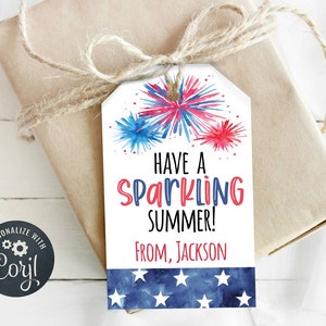 Avoir une étiquette cadeau d’été étincelante, étiquette de faveur de fête patriotique, été, feux d’artifice, modifiable, téléchargement instantané, personnaliser avec Corjl