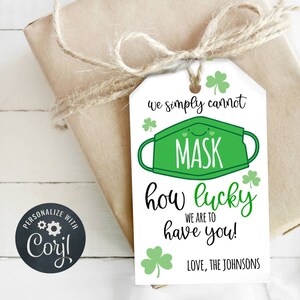 Etiqueta de presente para máscara facial do Feliz Dia de São Patrício, etiqueta de lembrança do professor, apreciação da equipe de enfermagem do professor, download instantâneo, personalizar com Corjl