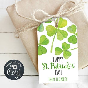 Happy St. Patrick's Day Gift Tag, Watercolor Shamrock, St. Paddy's Day, Editable, Instant Download, Customize with Corjl