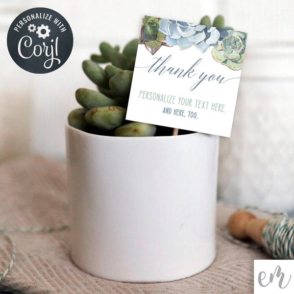 Succulent Thank You Favor Tag, Watercolor Greenery, Foliage, Baby Bridal Shower Favor, Editable, Instant Download, Customize with Corjl