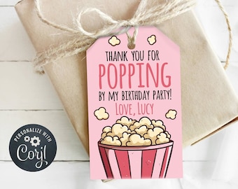 Popcorn Party Favor Tag, Thank You For POPPING By My Birthday Party, Movie Theater Move Night Birthday Party, Fun, Instant Download, Corjl