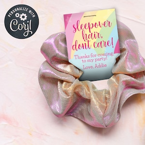 ¡Etiqueta de favor de fiesta de cumpleaños, cabello de pijamas no importa! Slumber Party Favor Tag, Scrunchie Tag, Hair Tie Tag, Editable, Instant Download, Corjl