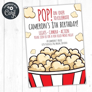 Invitación de cumpleaños a fiesta de palomitas de maíz, fiesta de cumpleaños de noche de cine, fiesta de cine, fiesta de cumpleaños de pijamas, descarga instantánea, Corjl