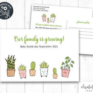 Schwangerschaftspostkarte, Unsere Familie wächst, werdendes Baby, süße Sukkulenten, Sofortiger Editierbarer Download, Individualisierbar mit Corjl