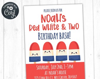 Red White & TWO Birthday Party Einladung, Vierte Juli Party, Popsicle, Bomb Pop, Editierbar, Instant Download, Individualisierbar mit Corjl