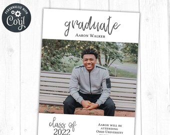 Photo Graduation Announcement Template, Graduation Invitation, Modern, Class of 2022, Editable, Instant Download, Personalize with Corjl