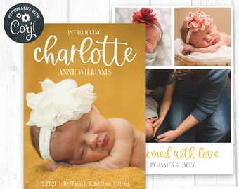 Baby Birth Announcement Template, Newborn Announcement, Photo Birth Announcement Card, Editable Instant Download, Personalize with Corjl
