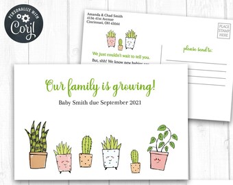 Pregnancy Announcement Postcard, Our Family Is Growing, Expecting Baby, Cute Succulents, Instant Editable Download, Customize with Corjl